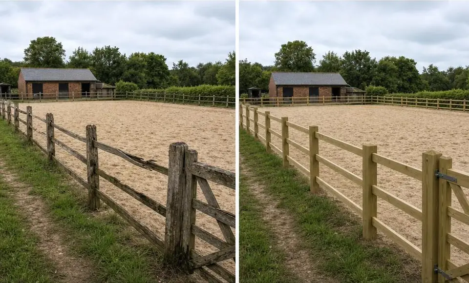 Side-by-side illustration of a horse arena, with rotten timber fencing on the left and new post and rail fencing on the right