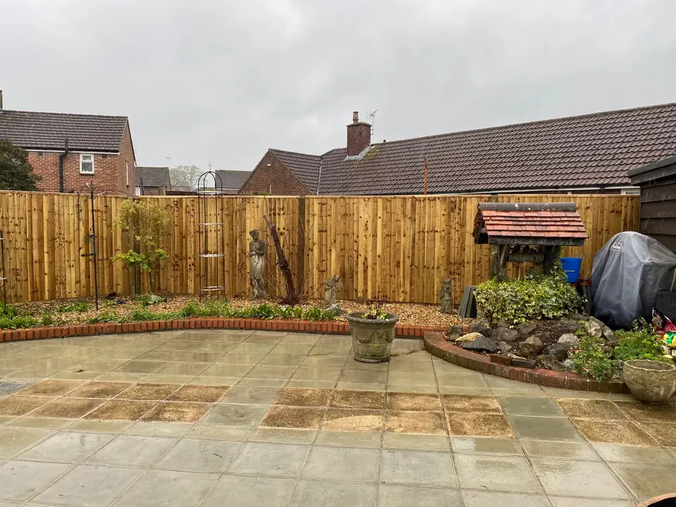 Closeboard fencing around a planted garden and patio