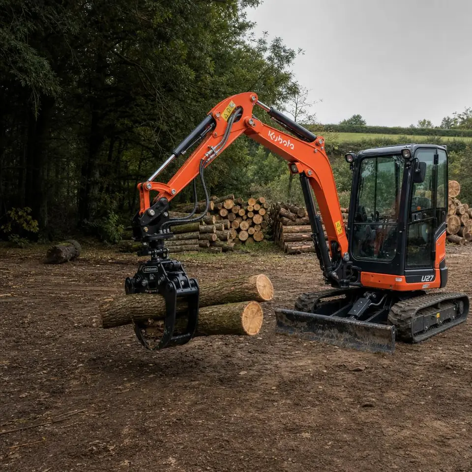 Illustration of a Kubota U27 mini excavator fitted with a timber grab holding logs in a woodland yard