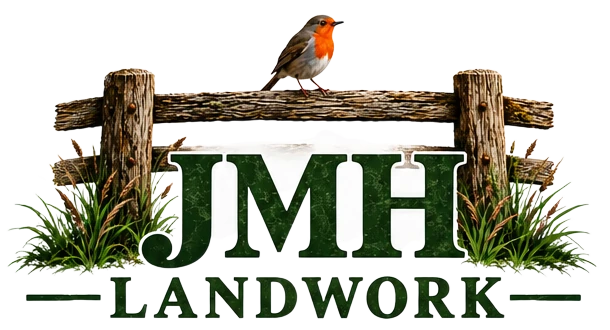 JMH Landwork logo with robin perched on a timber fence