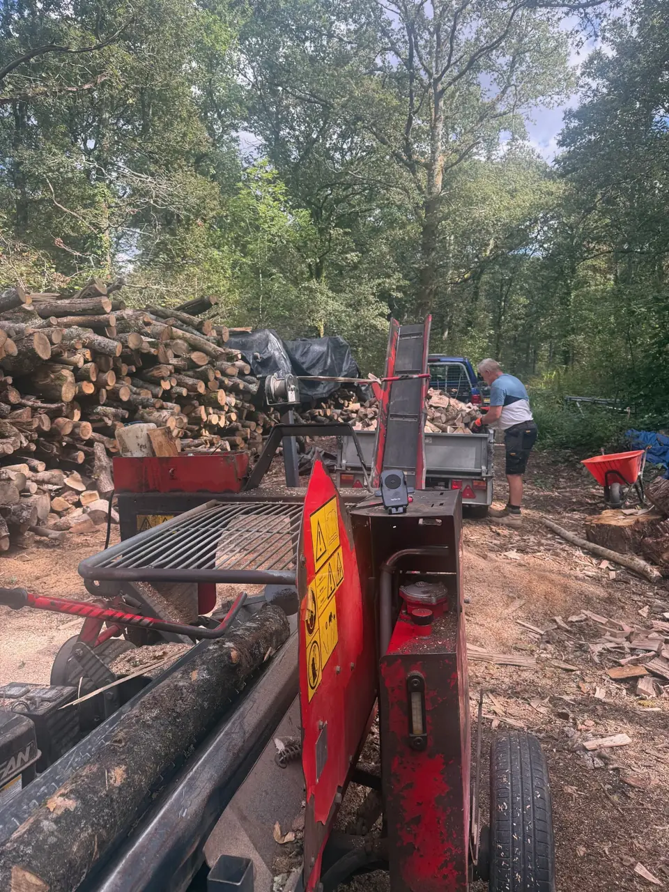 Mobile firewood processor working beside timber stacks in a woodland yard